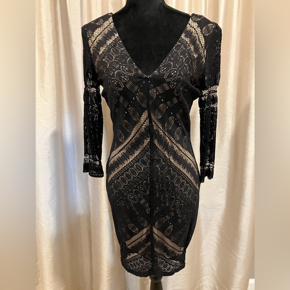 Black mesh and lace V neck dress